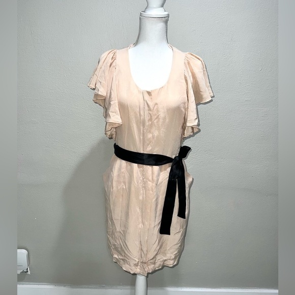 Club Monaco Silk Beige Belted Ruffle Sleeve Dress - Picture 1 of 11